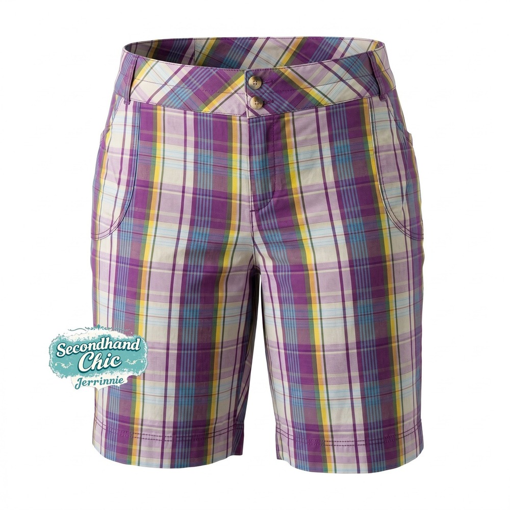 Purple Plaid Cotton Stretch Bermuda Shorts Knee Length Size 28 Multi Color